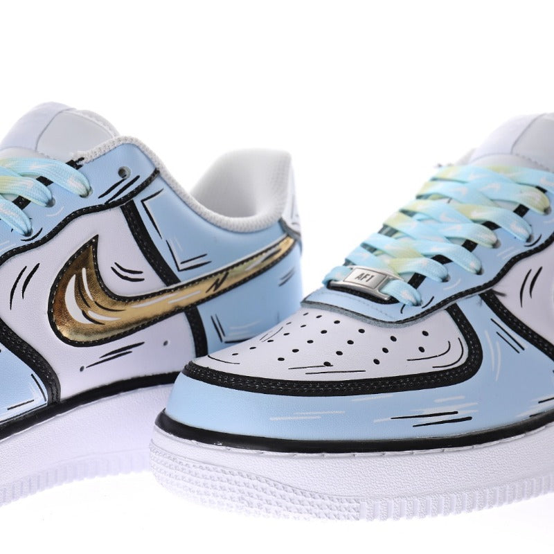 AF1 2D塗鴉白黑金淺藍