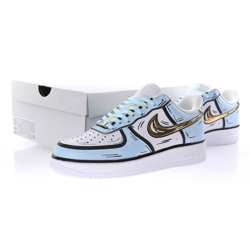 AF1 2D塗鴉白黑金淺藍